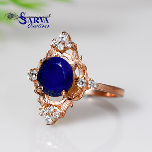 Bague en argent sterling 925 avec lapiz-lazuli naturel taillé, sertie de zircons cubiques, style vintage, pour fiançailles, mariage, fête, femme - Product Image 2
