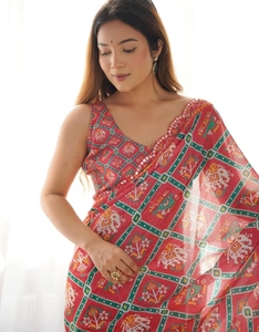 Sari KV naranja Chinon estampado con blusa sin coser para mujer - Product Image 3