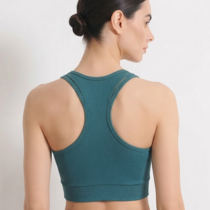 Soutien-gorge de sport côtelé pour femme à maintien élevé, dos nageur, couleur unie, logo frontal, respirant, en Spandex et Polyester, avec coussinets amovibles - Product Image 2