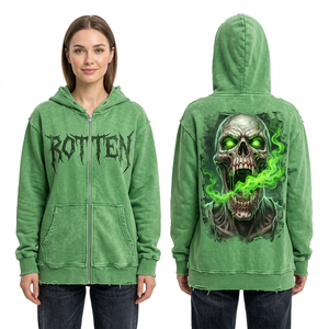 Veste à capuche zippée marron délavée pour femme, motif papillon chenille de la mort, effet vieilli, tons terreux, coupe oversize, style streetwear, vente en gros - Product Image 5