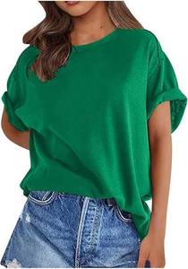 <b>Feather</b> Decorated 180g Velvet Knitted Polyester/Cotton Classic Touch Loose <b>Top</b> Women's Eco-Friendly Casual Solid O-Neck T-Shirt - Product Image 3