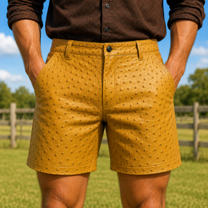 Shorts de motard de luxe pour homme en cuir d'autruche véritable gaufré, taille mi-haute - Vêtement en cuir exotique, cadeau pour lui - Product Image 6