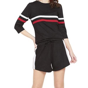 Women's 2 Piece Shorts Set Black Knitted Three Quarter Sleeve Crew Neck Sporty Striped Top With <b>White</b> Red Trim Loose Fit Spring - Product Image 1