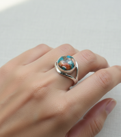 Bague Statement en Argent Sterling 925 Plaqué Or Rose et Or Jaune, Ornée d'une Pierre Ronde Naturelle d'Huître, de Cuivre et de Turquoise, Faite à la Main pour Femme