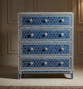 Blue Bone Inlay Solid Mango Three Drawer <b>Storage</b> Cabinet <b>Sideboard</b> Agate Detail Dresser Modern Bedroom Dining Living Room - Product Image 1
