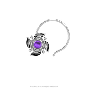 Pendiente de Nariz con Amatista Redonda en Plata de Ley 925, Estilo Indio, para Mujeres y Niñas - Product Image 1