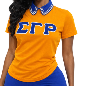T-shirt en chenille dorée Sigma Gamma Rho pour femme, broderie de lettres grecques, mélange de coton, manches courtes, coupe décontractée et élégante - Product Image 2