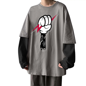 เสื้อยืดแขนยาวโอเวอร์ไซส์สำหรับผู้ชาย คอกลม แต่งขอบตัดกัน ผ้าฝ้ายเจอร์ซีย์ถัก 100% สีพื้นเรียบง่าย ดีไซน์เรียบๆ - Product Image 1