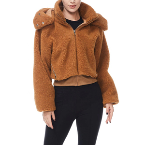 Abrigo corto de piel sintética marrón para mujer con cremallera, cuello vuelto grueso, estilo Teddy, informal, para invierno - Product Image 1