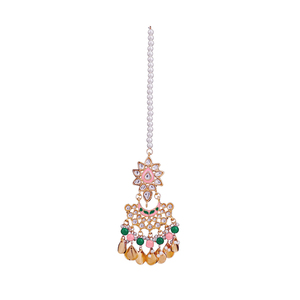 Ethnic Style Alloy Maangtikka With <b>Blue</b> <b>Beads</b> And Pearl Chain Handmade For Wedding Bridal Occasion - Product Image 1
