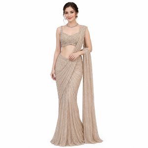 Sari Tradicional de Diseño Beige Champán, Bordado a Mano, con Lentejuelas y Cuentas, para Novia, Boda, Fiesta, Largo hasta el Suelo, Nuevo - Product Image 4