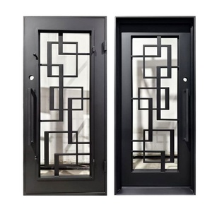 Porte d'entrée contemporaine en fer forgé avec un panneau en verre géométrique, construction résistante à la rouille et assemblage facile. - Product Image 2