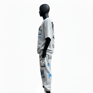 Conjunto de camiseta y pantalón deportivo para mujer, 280 GSM, algodón y poliéster, gris, con paneles de patchwork, impresión de logotipo personalizado, conjuntos para mujer - Product Image 3