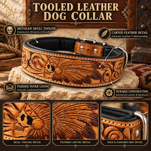 Collar de cuero repujado con plumas de calavera para perro, acolchado, estilo western, tallado a mano |   Collar Canino Ajustable de Alta Resistencia con Hebilla - Product Image 5