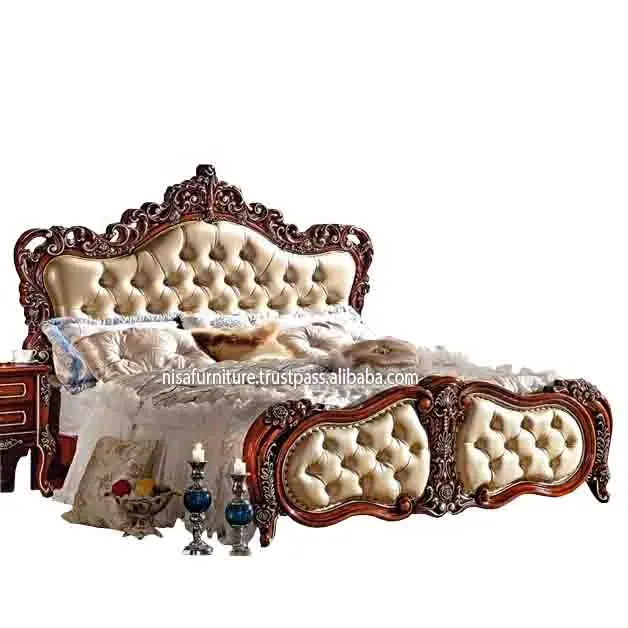 Italian carved wooden beds royal furniture antique bedroom Indonesia solid mahogany furniture set