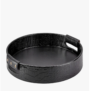Plateau rond en cuir de crocodile noir, texture crocodile, cuir PU, avec deux poignées, accessoires pour la maison - Product Image 1