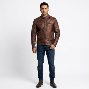 Men's Genuine Leather Biker Jacket with Zipper Closure Sherpa Lining <b>Fur</b> <b>Trim</b> Streetwear Style for Winter Season - Product Image 4