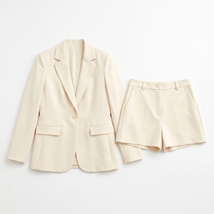Conjunto de Blazer y Pantalones Cortos de Mujer, Color Beige, Tejido de Lana, Un Solo Botón, Traje Formal de Oficina - Product Image 1