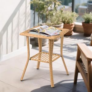 Beige Outdoor Wicker Side Table with Glass Top Rattan End Table for Indoor Garden Porch Balcony Patio Coffee Bistro Table - Product Image 6