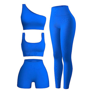 Women's Breathable Ribbed Yoga Set with Seamless High Waist <b>Leggings</b> and Shorts Spandex Material Active Wear - Product Image 4
