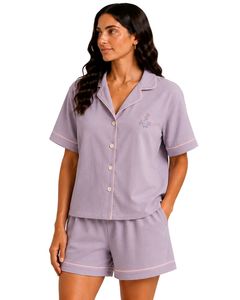 Ensemble pyjama violet lavande pour femmes, manches courtes, en coton popeline, vêtements de détente brodés, vêtements de nuit d'été, ensemble short boutonné - Product Image 1