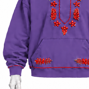 Violet <b>Purple</b> Indus Embroidered <b>Hoodie</b> Decorative Floral Needlework Kangaroo Pocket Relaxed Fit Casual Winter Streetwear - Product Image 5