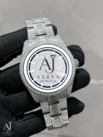 AARVA JEWELS Montre analogique de luxe en acier inoxydable avec cadran en cristal saphir de 28 mm, bracelet de 20 mm, mouvement mécanique Miyota, strass argentés