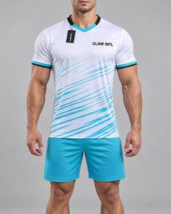 Maillot de football pour homme CLAW INTL, blanc et bleu rayé, col en V, manches longues, évacuation de l'humidité, séchage rapide, antibactérien, respirant - Product Image 1