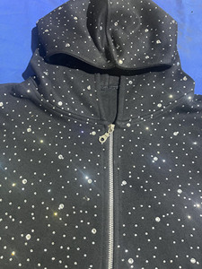 <b>Black</b> Mixed Rhinestone Crystal Cotton <b>Fleece</b> Full Zip Hoodies for Men Premium Streetwear Embellished Apparel Development - Product Image 3
