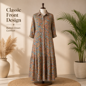 Robe chemise en soie haut de gamme pour femme, taille unique, bleu paisley, longue, style bohème, kaftan, manches longues, fluide, pour les vacances à la plage - Product Image 1