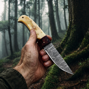 Couteau de chasse artisanal à lame droite en acier Damas, manche en os et bois, avec étui en cuir - Product Image 6