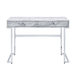 Scrivania rettangolare con piano in pietra ingegnerizzata bianca e 2 cassetti cromati per l'uso con computer - Product Image 1