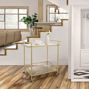 Elegant Gold Finish Iron Beverage Cart with Glass Shelves Rolling <b>Serving</b> <b>Trolley</b> Home Kitchen Dining Room Decorative Furniture - Product Image 5