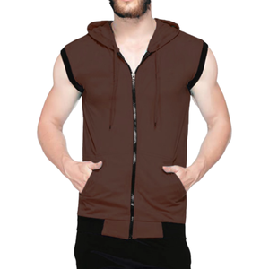 Top Notch <b>Men's</b> 100% Cotton <b>Beige</b> Sleeveless Zipper-Up Heavyweight Fleece Winter Gym Sports <b>Hoodie</b> Embroidered Plain Dyed - Product Image 4