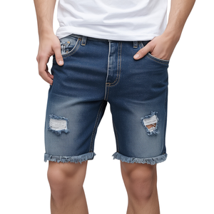 Shorts en jean décontractés pour hommes 100 % coton, taille mi-haute, effet usé, avec logo frontal et fonction coupe-vent - Product Image 3