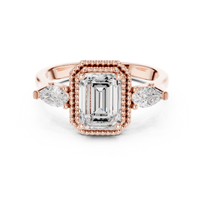 Anillo de Compromiso de Tres Piedras con Diamante Moissanite Corte Esmeralda, Halo Milgrain, Chapado en Oro Rosa sobre Plata, Joyería para Mujer - Product Image 1