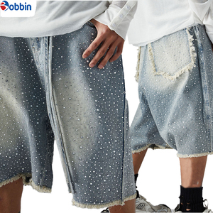 Pantalones Cortos de Mezclilla Tejida Estilo Hip Hop Casual de Verano con Lavado Vintage, Estampado Completo y Pedrería, Fabricación Personalizada, Pierna Recta para Hombre - Product Image 5