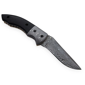 Cuchillo Plegable de Acero de Damasco Hecho a Mano, Hoja de Punta Caída, Mango Negro con Funda de Cuero, Cuchillo de Supervivencia para Exteriores - Product Image 3