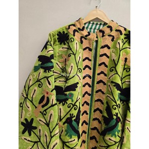 Chaqueta Estilo Boho Chic Amarillo Verde con Bordado de Aves, Chaqueta Estilo Suzani Uzbeko con Forro Interior de Algodón - Product Image 2