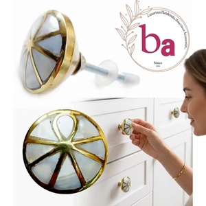 Modern Industrial Round Brass Cabinet Knob with Mother Pearl Inlay for Dresser Living Room Home Office <b>Drawer</b> Hardware - Product Image 4