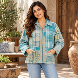 Chaqueta Artesanal de Patchwork Kantha Tejida a Mano para Mujer |   Abrigo Acolchado de Algodón Grueso con Textura, Manga Larga, Cuello y Bolsillos Delanteros - Product Image 2