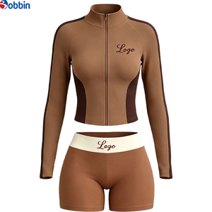 Conjuntos Deportivos Cortos de Verano Estilo Hip Hop para Mujer, 2 Piezas, Chaqueta con Cremallera y Pantalones Cortos, 100% Algodón, Transpirable, de Secado Rápido, Ecológico, Mangas Largas - Product Image 5