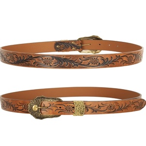 Genuine <b>Leather</b> Western Belt Floral Engraved Hand <b>Tooled</b> Copper Buckle Vintage Casual Style Durable Cowhide <b>Tooled</b> <b>Leather</b> Belt - Product Image 1