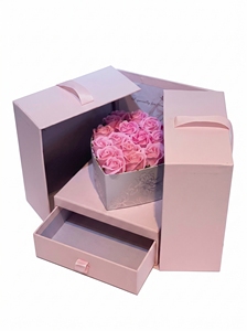 <b>Pink</b> Rigid <b>Gift</b> Box With Rose Bouquet And Plush Bunny Inside Satin Ribbon Closure High-End Craft Packaging - Product Image 3