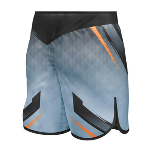 Shorts MMA bleu clair pour femmes avec imprimé noir et orange, évacuation de l'humidité, séchage rapide, légers, respirants, en polyester, coupe athlétique - Product Image 1