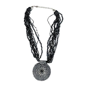 Ethnic Black Crystal <b>Beaded</b> <b>Necklace</b> with Oxidized Silver Round Pendant - Luxe <b>Beaded</b> <b>Necklace</b> with Intricate Silver Pendant - Product Image 3