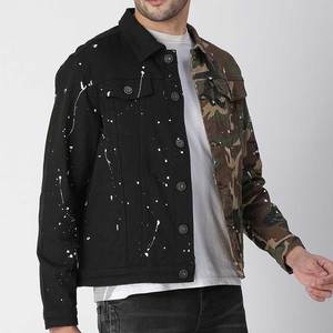 Men's Reversible <b>Denim</b> <b>Jacket</b> Camouflage Black Splatter Print Turn-down Collar Casual Autumn Wear - Product Image 2