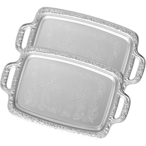 Plateau de service en métal poli avec motif floral, design rectangulaire, poignée, usage résidentiel, plateau de service de qualité supérieure - Product Image 1
