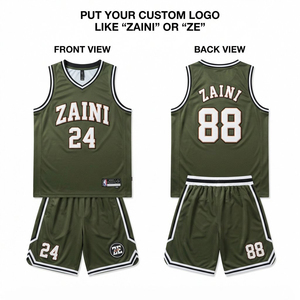 Ensemble short et maillot de basket en maille polyester respirante 160 GSM de qualité supérieure, vert olive, avec logo personnalisé en sergé, col en V, vêtements de sport - Product Image 1