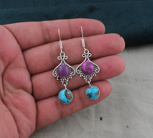 Handcrafted 925 Sterling <b>Silver</b> Purple Blue Copper Lapis Lazuli Bezel Setting Water Drop <b>Dangle</b> <b>Earrings</b> Wholesale Vintage - Product Image 3